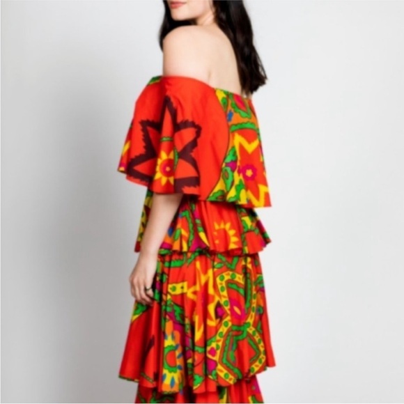 New RHODE Red Floral Print Tiered Midi Dress *FLAW* zipper needs replacing - Picture 3 of 13